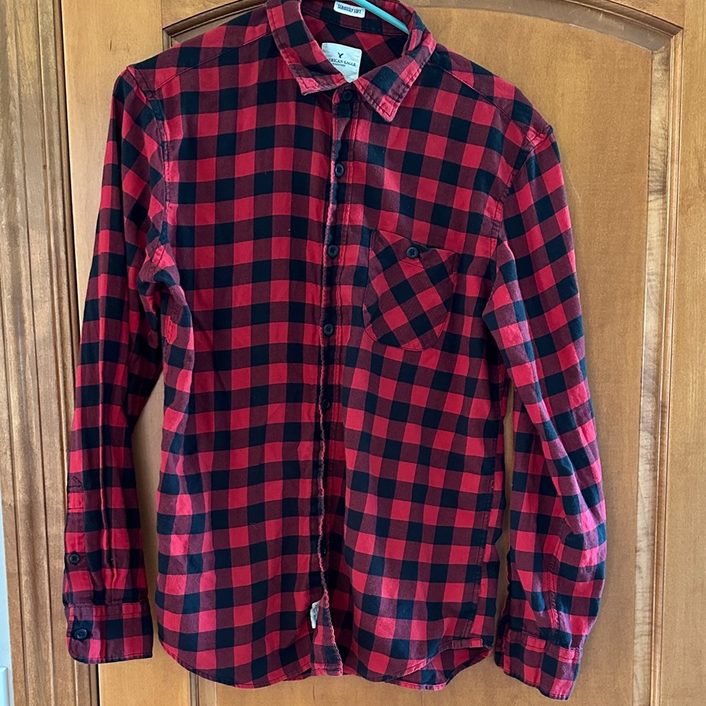 American Eagle Red Black Buffalo Check Plaid Flannel Button Down Shirt Men's M